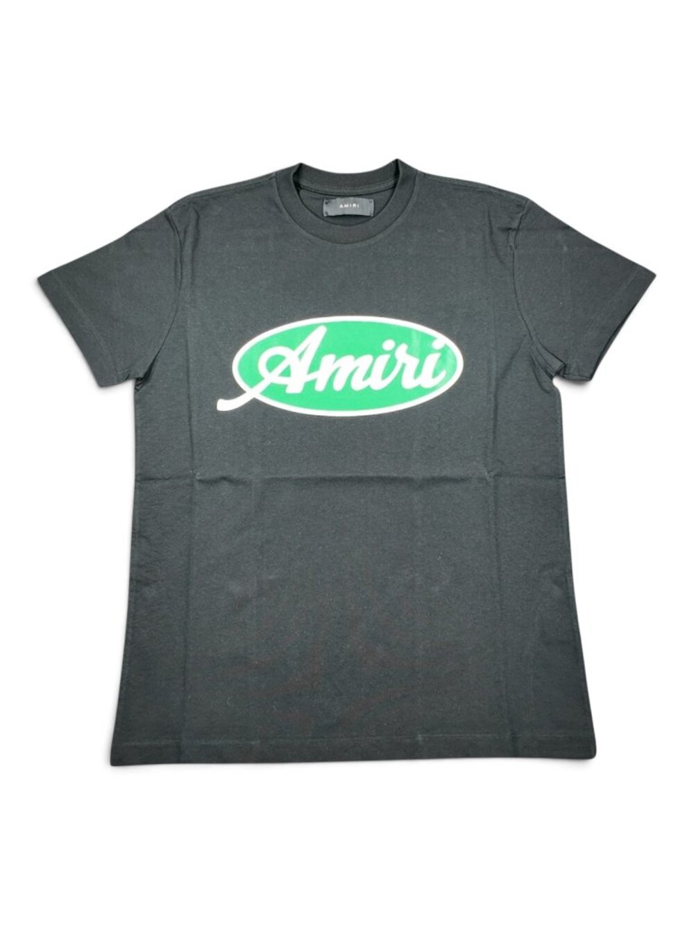 AMIRI Green Oval Script Logo T-Shirt Black Cotton Crewneck Size Small
